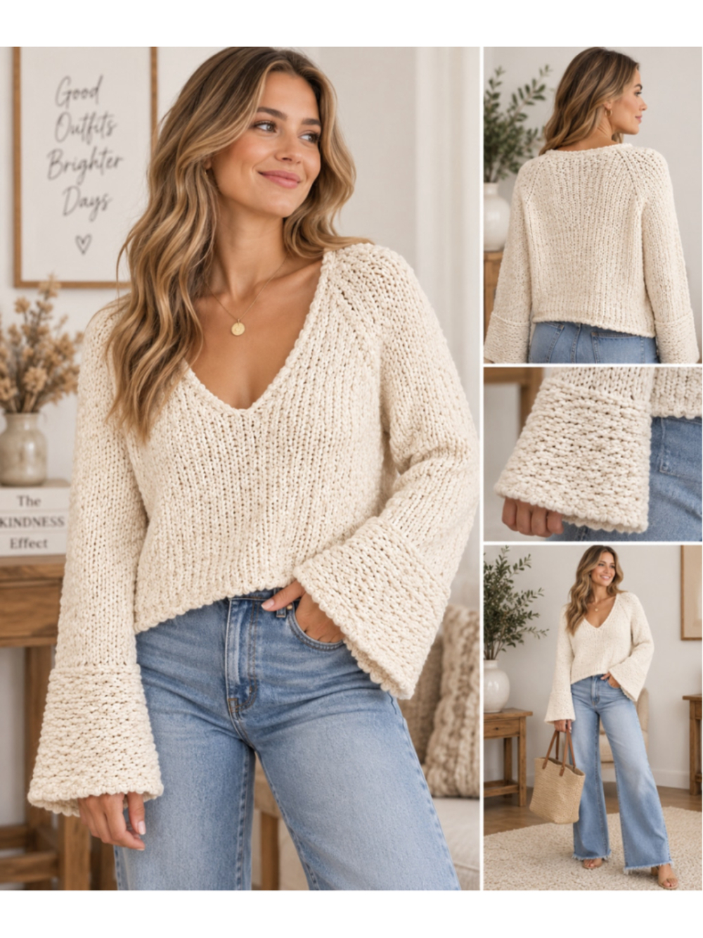 Free People XS Cream Chunky Knit V-Neck Bell Sleeve Sweater Boho Coastal
